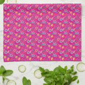 ピンクシンプル色の山花模様 キッチンタオル (折り畳み)