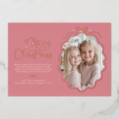 ピンクシンプル色の弓の波状の写真クリスマス 箔シーズンカード (正面)