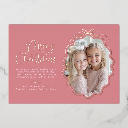 ピンクシンプル色の弓の波状の写真クリスマス 箔シーズンカード (正面)