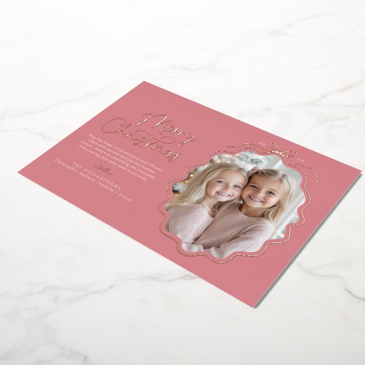 ピンクシンプル色の弓の波状の写真クリスマス 箔シーズンカード (回転した状態)