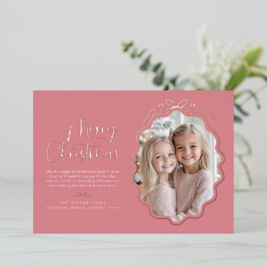 ピンクシンプル色の弓の波状の写真クリスマス 箔シーズンカード (立ち正面)