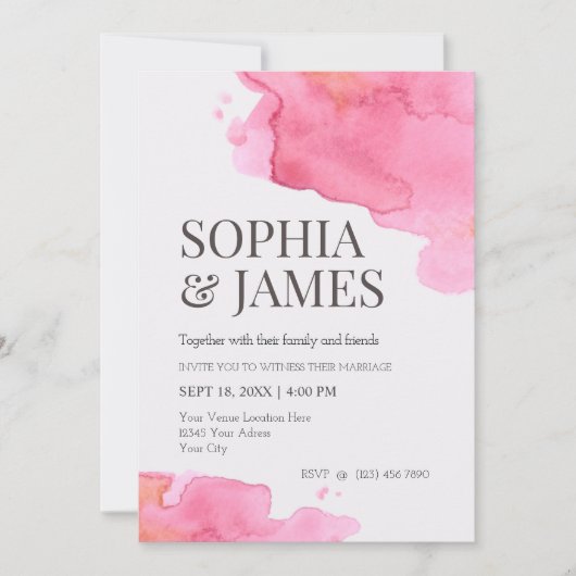 ピンクシンプル色の水彩ブ結婚ラシ 招待状 (正面)