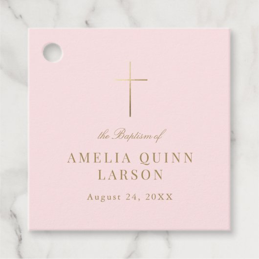 ピンクシンプル金ゴールドエレガントクロスバプテスマ《キリスト教》洗礼式や命名式 フェイバータグ (正面)