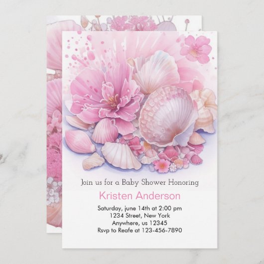 ピンクシーシェルお祝いシーガールベビーシャワー 招待状 (正面/裏面)