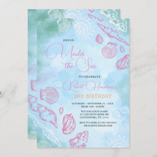 ピンクシーシェルズアンダーザシー海誕生日 招待状 (正面/裏面)