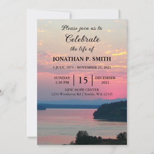 ピンクシースケープサンセットお祝いオブライフ 招待状 (正面)