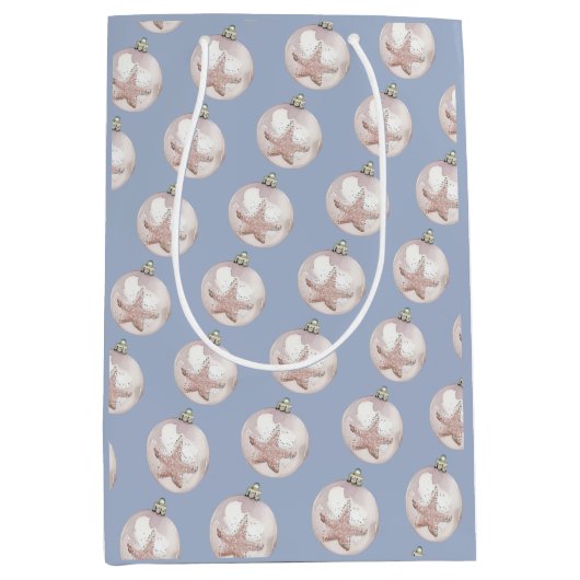 ピンクシースターオーナメントほこりっぽい青いパターン ミディアムペーパーバッグ (正面)