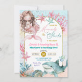 ピンクシーマーメイドアンドシャークジョイント誕生日ガール 招待状 (正面)