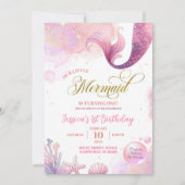 ピンクシーマーメイドファースト誕生日 招待状 (正面)