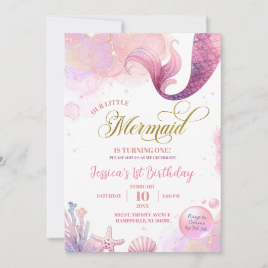 ピンクシーマーメイドファースト誕生日 招待状 (正面)