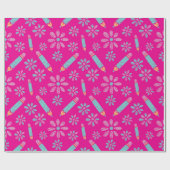 ピンクシームレスラッピング紙:花と鉛筆 ラッピングペーパー (フラット)