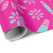 ピンクシームレスラッピング紙:花と鉛筆 ラッピングペーパー (ロールコーナー)