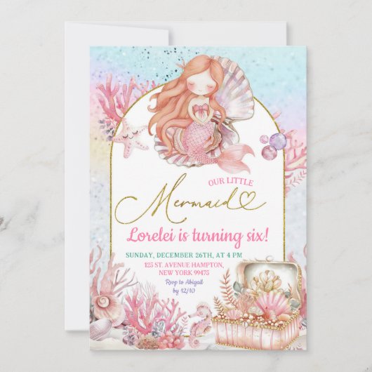 ピンクシーリトルマーメイド誕生日ガール招待状 招待状 (正面)