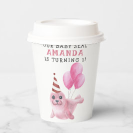ピンクシール海の下の誕生日 紙コップ