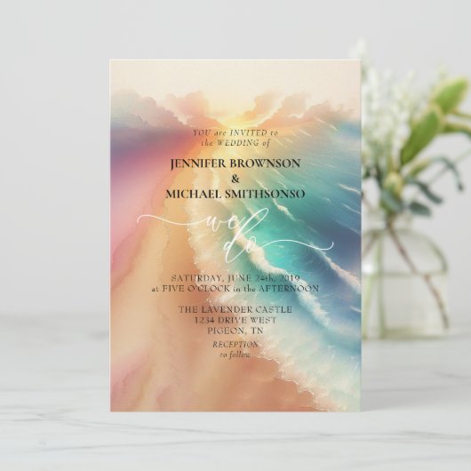 ピンクシー海ビーチサマーウォーター結婚カラー 招待状 (スタンド正面)