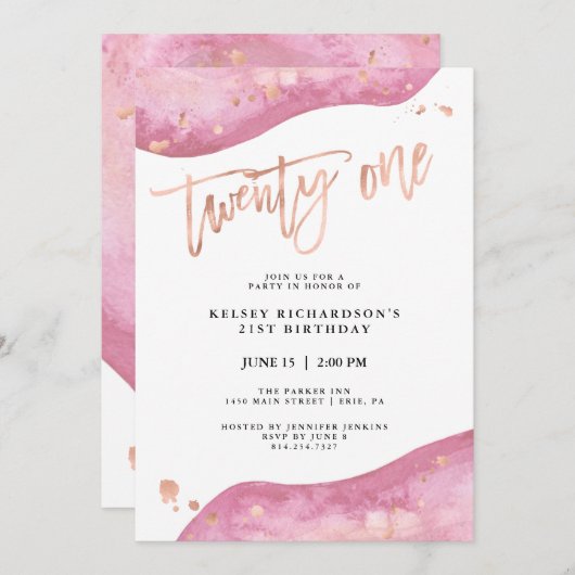 ピンクジオードと偽のローズゴールドの外観 | 21歳の誕生日 招待状 (正面/裏面)