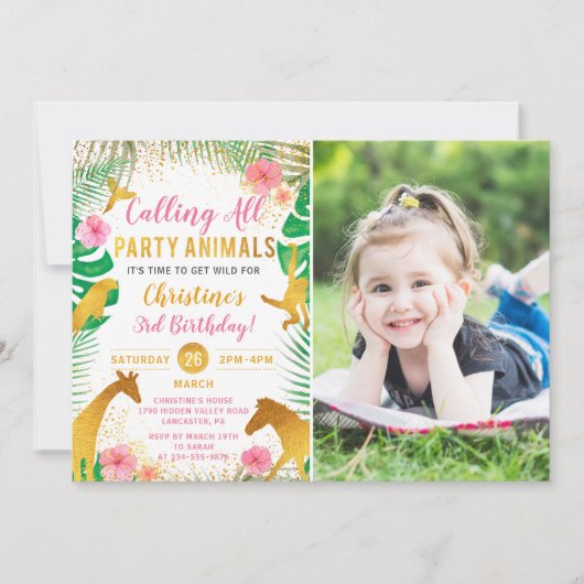 ピンクジャングルアニマルズサファリガールズフォト誕生日 招待状 (正面)
