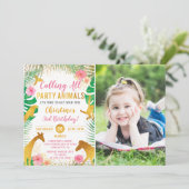 ピンクジャングルアニマルズサファリガールズフォト誕生日 招待状 (スタンド正面)