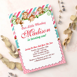 ピンクジャングルモンキーサファリアニマル誕生日 招待状