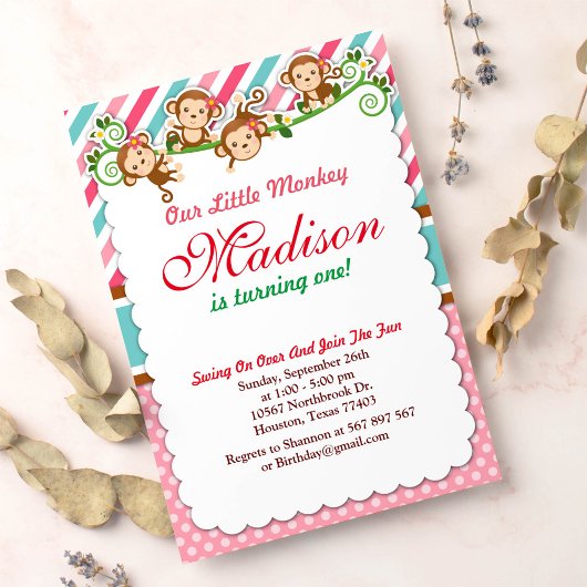 ピンクジャングルモンキーサファリアニマル誕生日 招待状