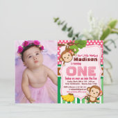 ピンクジャングルモンキーサファリガール誕生日写真 招待状 (スタンド正面)