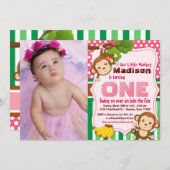 ピンクジャングルモンキーサファリガール誕生日写真 招待状 (正面/裏面)