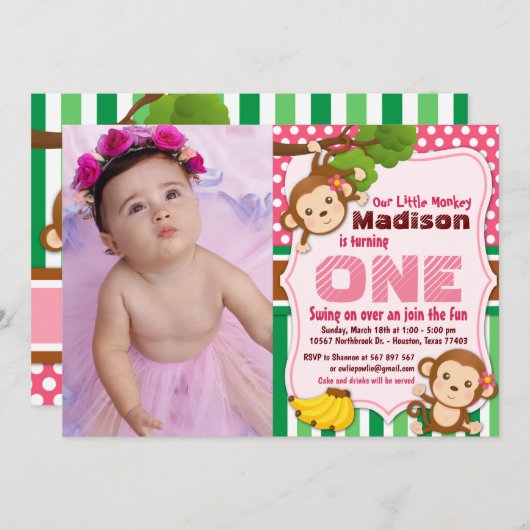 ピンクジャングルモンキーサファリガール誕生日写真 招待状 (正面/裏面)
