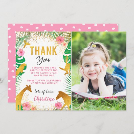 ピンクジャングル動物の写真誕生日サンキューカード サンキューカード (正面/裏面)