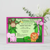 ピンクジャングル テーマの子供の誕生日パーティー招待状 招待状 (スタンド正面)
