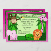 ピンクジャングル テーマの子供の誕生日パーティー招待状 招待状 (正面/裏面)