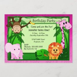 ピンクジャングル テーマの子供の誕生日パーティー招待状 招待状