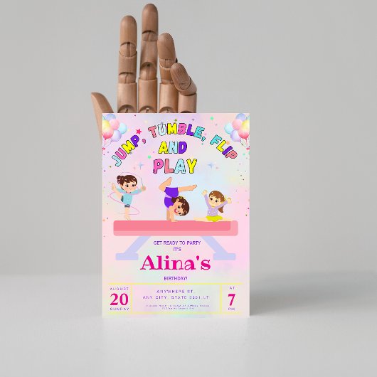 ピンクジャンプタンブル&フリップ体操誕生日 招待状