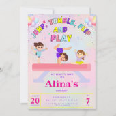 ピンクジャンプタンブル&フリップ体操誕生日 招待状 (正面)