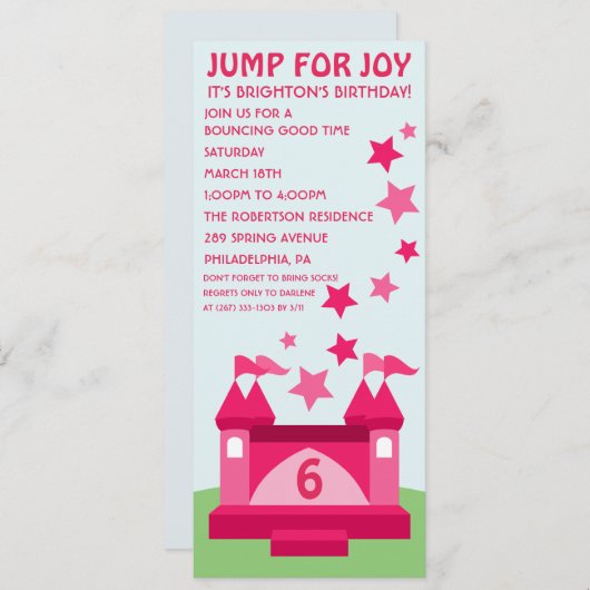 ピンクジャンプフォージョイバウンスハウス誕生日招待状 招待状 (正面/裏面)