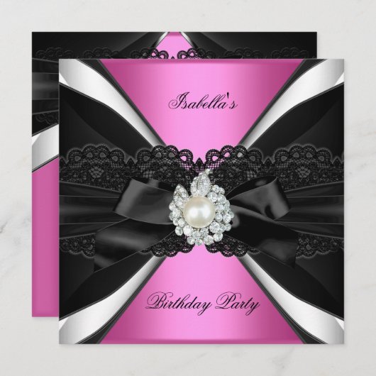 ピンクジュエルエレガント白黒誕生日パーティー 招待状 (正面/裏面)