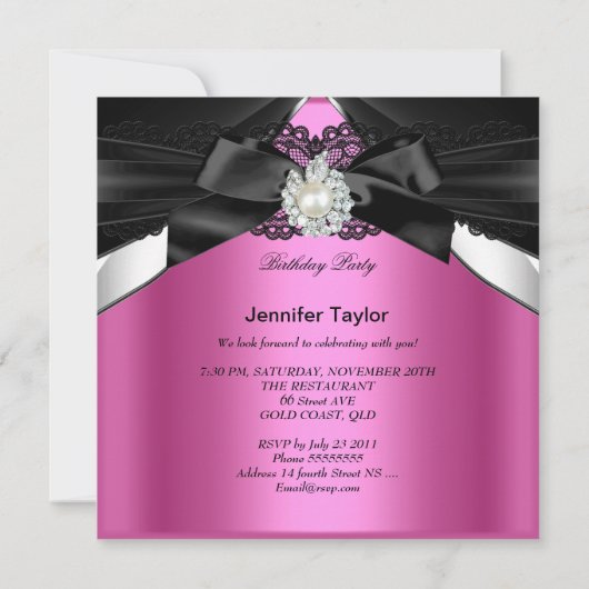 ピンクジュエルエレガント白黒誕生日パーティー 招待状 (裏面)
