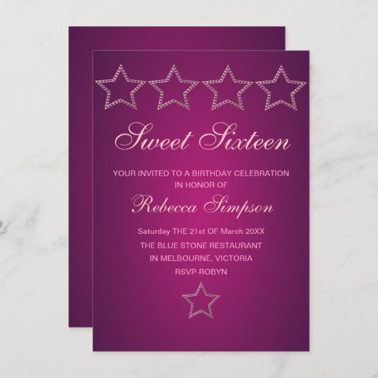 ピンクジュエルスタースウィート16誕生日招待状 招待状 (正面/裏面)