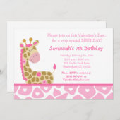 ピンクジラフェヴァレンティーンズデイ誕生日招待状 招待状 (正面/裏面)