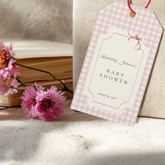ピンクジンガムとボウベビーシャワーメッセージカード ギフトタグ