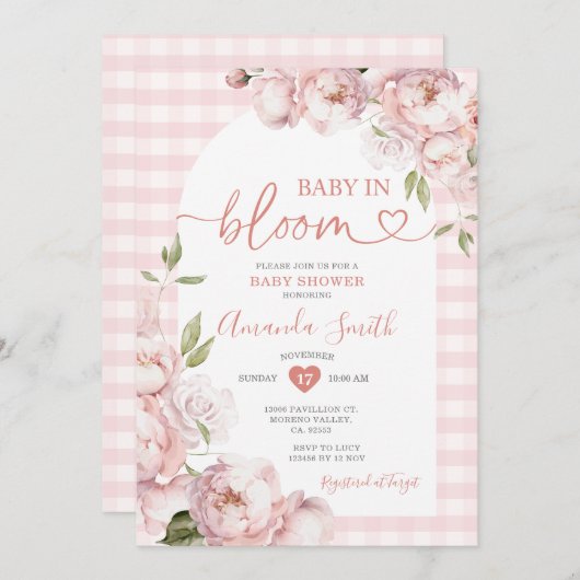 ピンクジンガムガールベビーシャワーベビーイン開花 招待状 (正面/裏面)