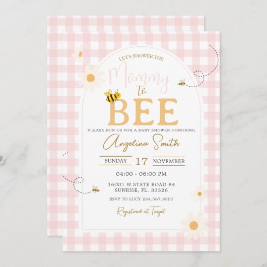 ピンクジンガムデイジービーベイビーシャワーママへビー 招待状