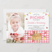 ピンクジンガムピクニックバスケットフォトピクニック誕生日 招待状 (正面)