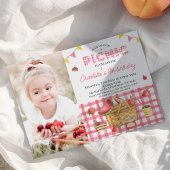 ピンクジンガムピクニックバスケットフォトピクニック誕生日 招待状