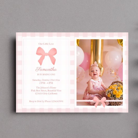 ピンクジンガムピンクボウ誕生日写真 招待状