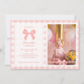 ピンクジンガムピンクボウ誕生日写真 招待状 (正面)