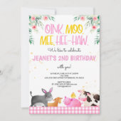 ピンクジンガムファームアニマルズガールズ誕生日納屋周囲の庭 招待状 (正面)