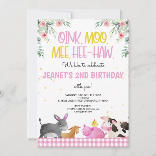 ピンクジンガムファームアニマルズガールズ誕生日納屋周囲の庭 招待状 (正面)
