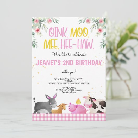 ピンクジンガムファームアニマルズガールズ誕生日納屋周囲の庭 招待状 (スタンド正面)