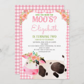 ピンクジンガムファームアニマルズガール誕生日納屋周囲の庭 招待状 (正面/裏面)