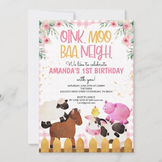 ピンクジンガムファームアニマルズガール誕生日納屋周囲の庭 招待状 (正面)